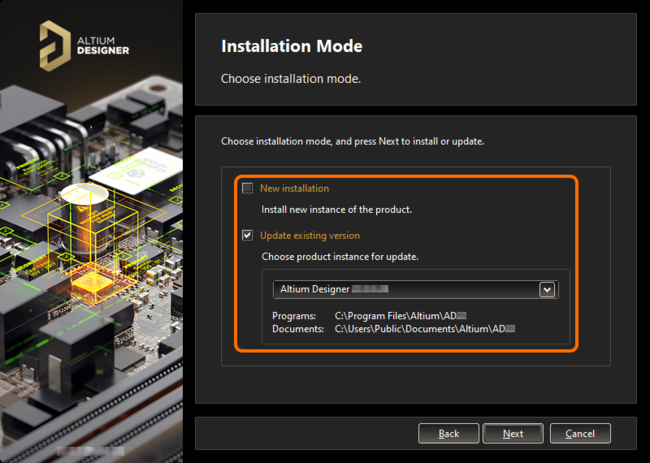 Choose to update an existing instance of Altium Designer during installation of a later version of the software.