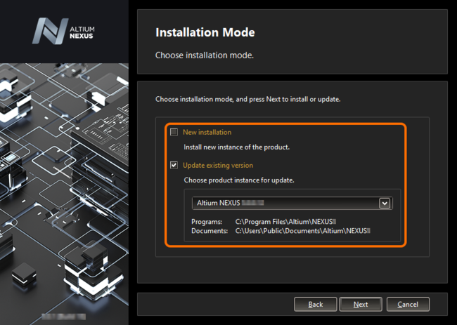 Choose to update an existing instance of Altium NEXUS during installation of a later version of the software.