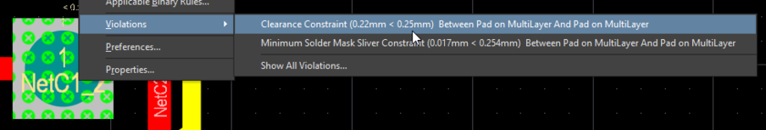 Design Rule Check, examining the Clearance Violation using the right-click menu