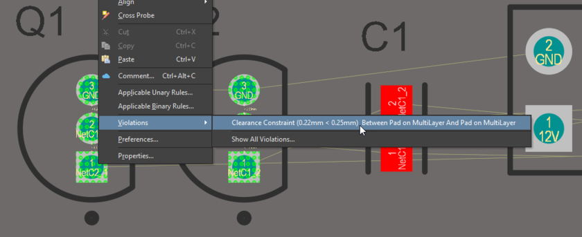 PCB editor, exploring violations using the right-click menu