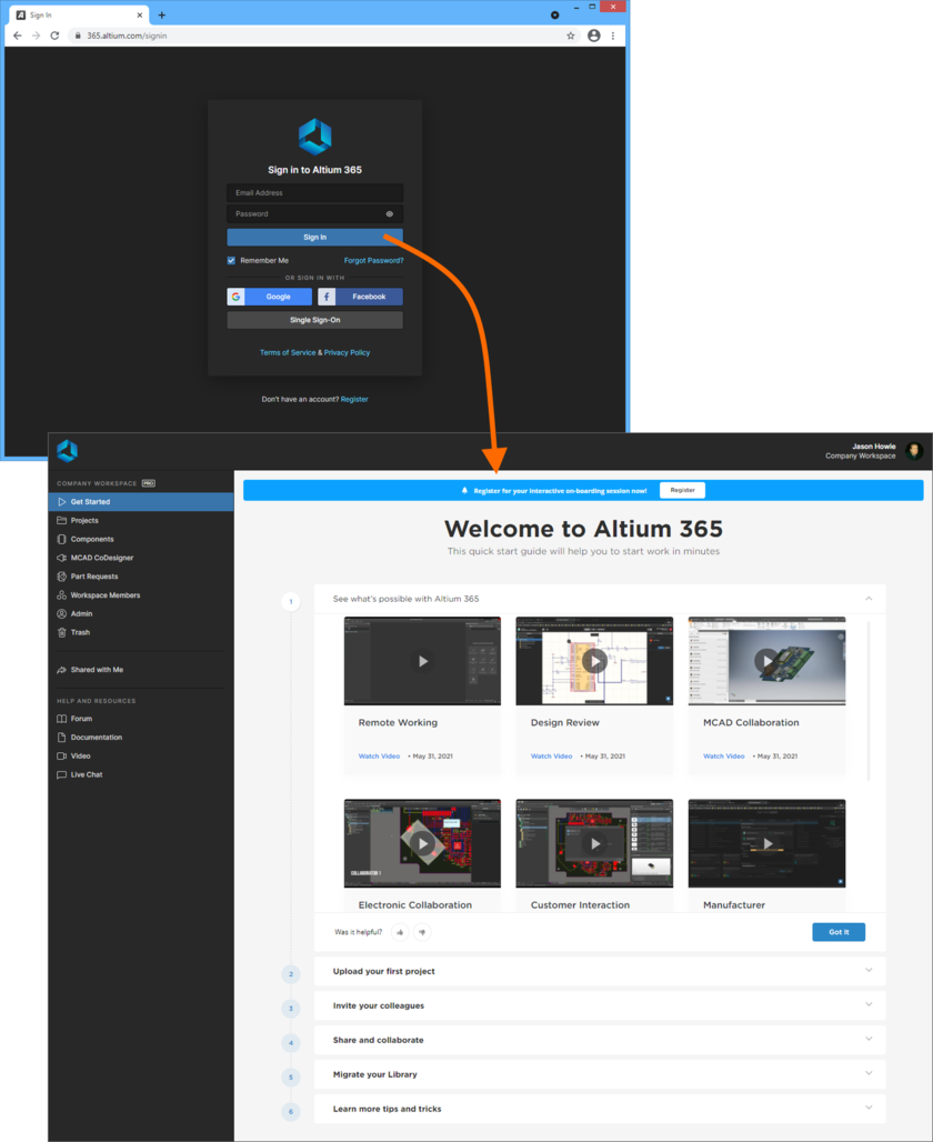 Example access of the Altium 365 Platform Interface directly through the Altium 365 Sign In Page.