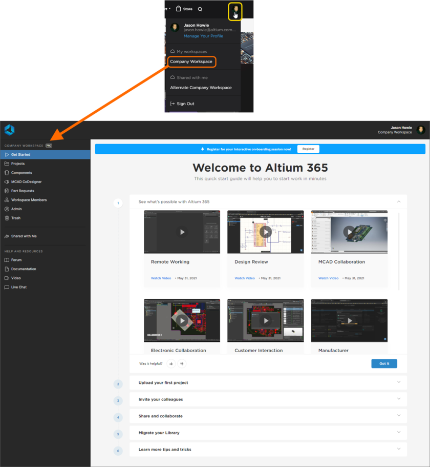 Example access of the Altium 365 Platform Interface, of which the chosen Workspace is a part, indirectly from your AltiumLive account menu.