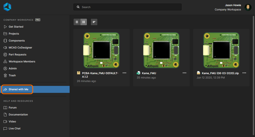 The Shared with Me page presents all items that have been shared with you. The page is always accessible, no matter if you are connected to a Workspace (as shown here), or curating your uploads within your Personal Space (hover over the image to see).