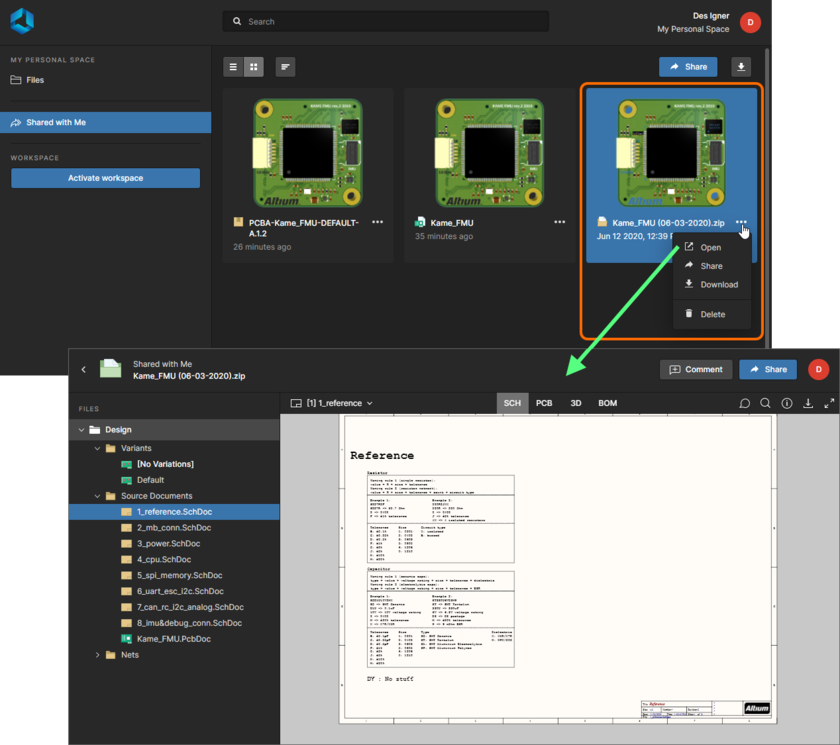 Accessing a design snapshot from the Shared with Me page of the Altium 365 Platform Interface.
