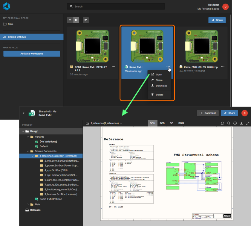 Accessing a live design from the Shared with Me page of the Altium 365 Platform Interface.