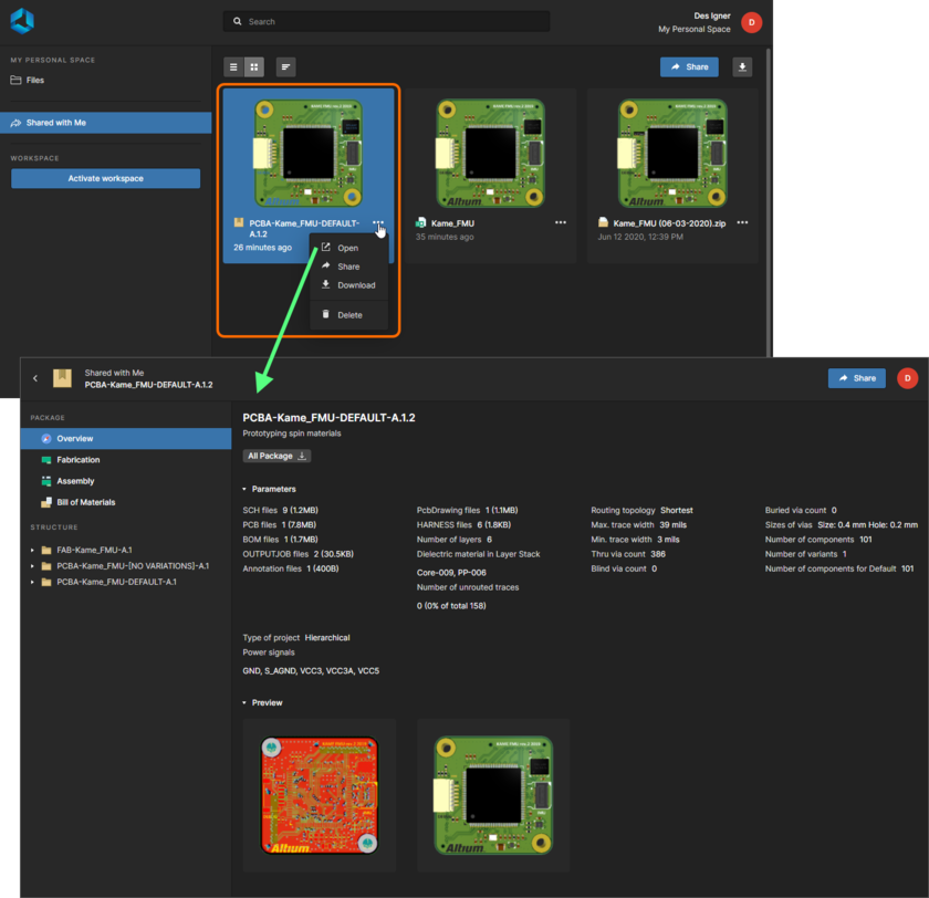 Accessing a manufacturing package from the Shared with Me page of the Altium 365 Platform Interface.