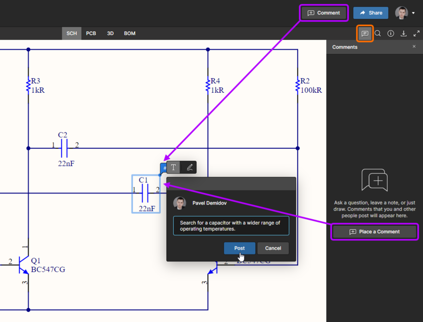 Placing a comment in the Web Viewer interface.