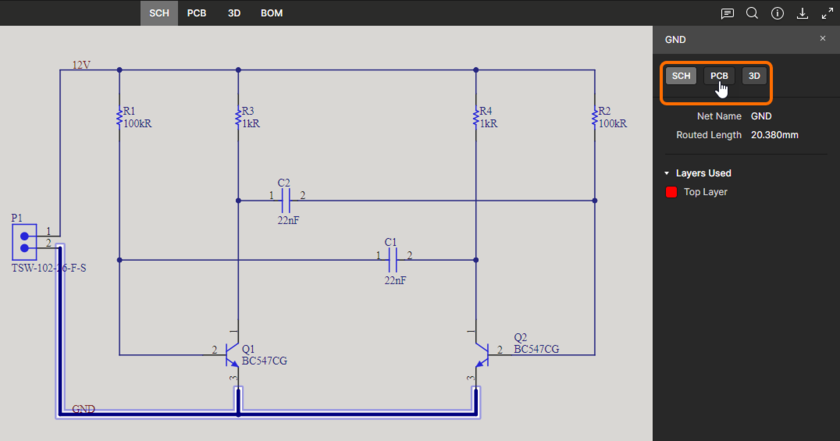 Cross-probing controls (for a selected net).