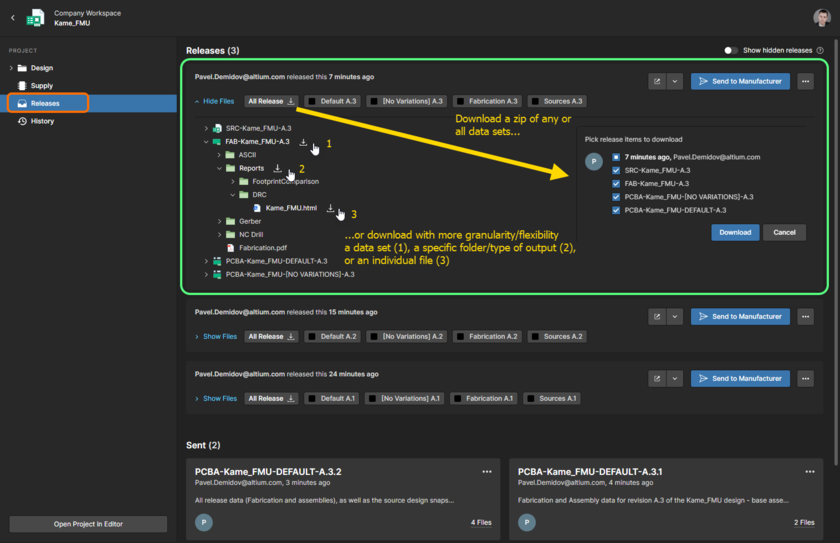 The Releases view in the Altium 365 Workspace browser interface gives you access to the released data packages, with the ability to download released data at varying levels of granularity. Hover the cursor over the image to see an example of downloading the released data from the Manufacture view in browser interface of a Concord Pro Workspace.